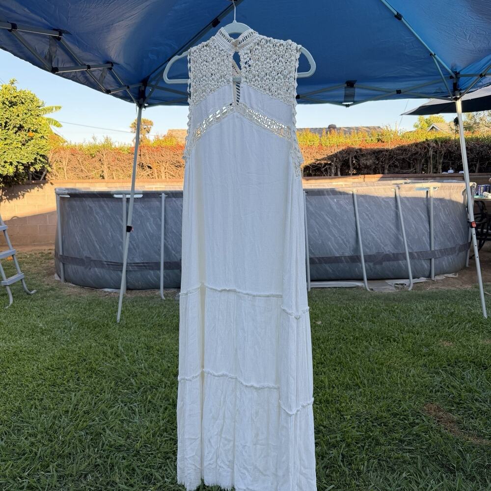 FATE Boho Crochet Lace Maxi Dress Medium Ivory Sleeveless Cottagecore Festival - Picture 3 of 13